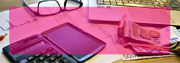 Elements representative of an accounting area on top of a desk, such as: a calculator, sheets with graphs and cash. Above is a magenta box with the text Economic.