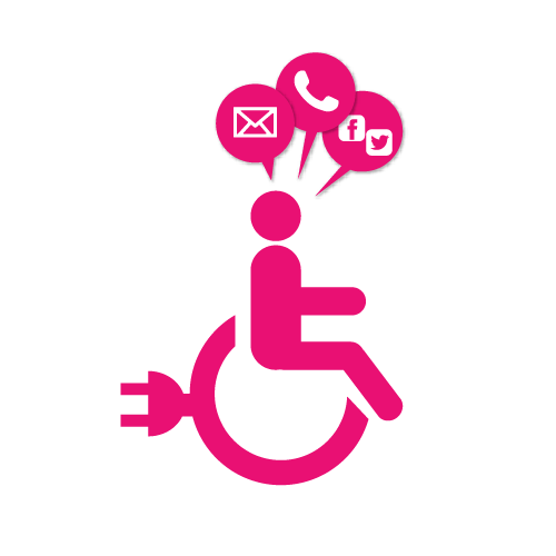 Icon of a person in a wheelchair, the chair has a connector pointing outward, then the part of the person's head three dialogs emerges, each with symbols representing: call, mail and social networks. The entire illustration is surrounded within another dialog icon to represent the contact session.
