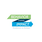 Logo showing an arrow that starts at the top in green color and descends transforming into blue color. To the left of the arrow it reads 'Behavior', in the center 'Change' and at the end 'Impact'. At the bottom it reads 'Evidence in Action'