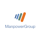 Manpower Group isologo, the letters are blue and at the top center there are four cylinders of different sizes that go from smallest to largest, from left to right, purple, blue, green and orange respectively