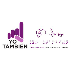 Logo of yo también, a right hand raising the index finger, in purple with the iconography of sign language and below the writing in braille. With the slogan that says: Disability with all its letters. All elements are magenta pink