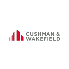 Isologo de cushman and wakefield. A la izquierda  se muestra una ilustración de un edificio en color rojo y las palabras en color gris