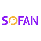 Logotipo de Sofan, las letras son de color morado con excepción de la letra “o”, que es de color amarillo.