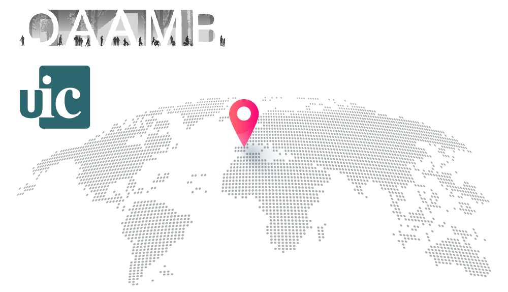 Logo de Arquitectura y planificación. OAMMB. Logo de la Universidad Internacional de Cataluña Barcelona. Representación cartográfica del mundo con un marcador señalando España.